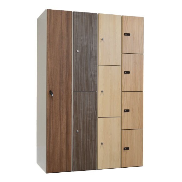 Taquilla de cuerpo metálico con acabado de madera.