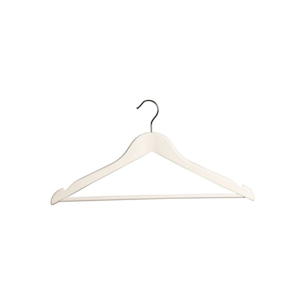 Percha plana con muescas y barra. Acabado blanco.