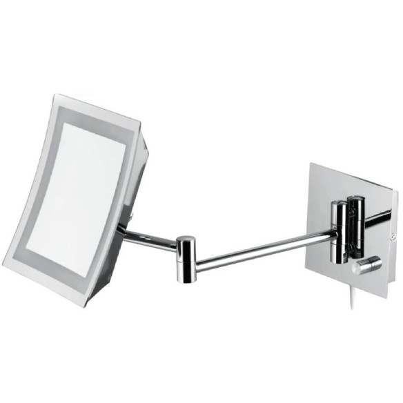 Espejo cuadrado de tres aumentos con luz y brazo de acabado brillante.