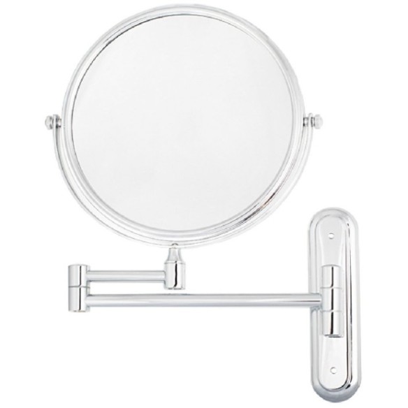 Espejo redondo de tres aumentos con brazo acabado brillante.