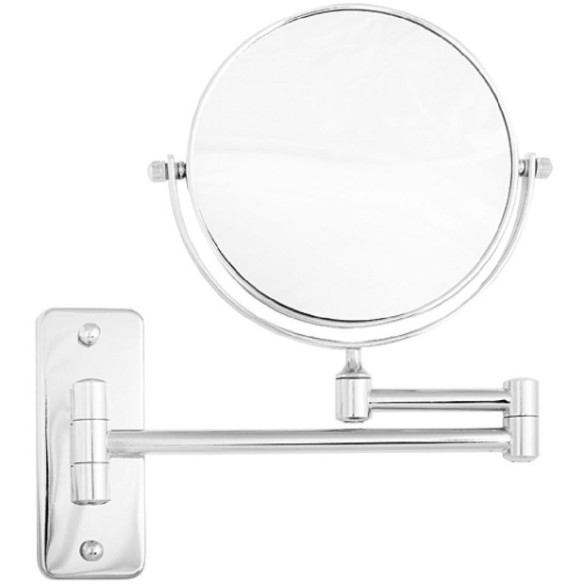 Espejo redondo de tres aumentos con brazo acabado brillante.