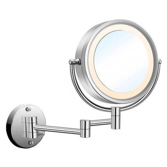 Espejo redondo con luz lez de latón cromado.