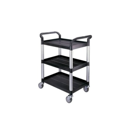 Carro de servicio con tres bandejas negras.
