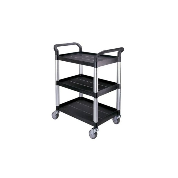 Carro de servicio con tres bandejas negras.