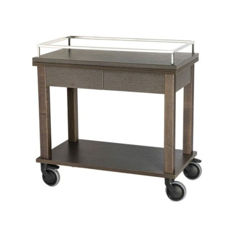 Carro de servicio de roble con cajón y barandilla.