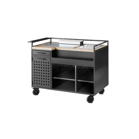 Carro de cocktail con encimadera d emadera y área de trabajo.