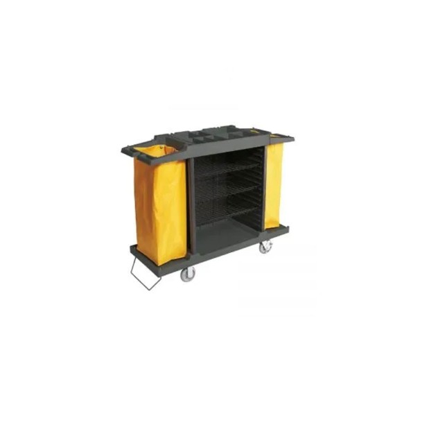 Carro de camarera de color gris con sacos amarillos.