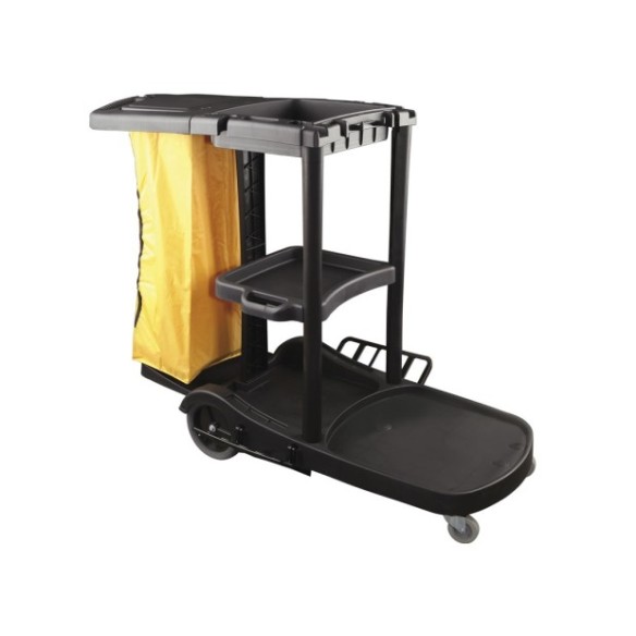 Carro de limpieza negro con saco y tres banejas.