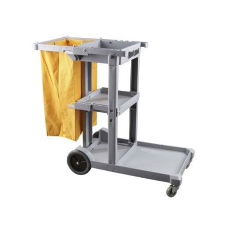 Carro de limpieza gris con plataforma delantera y tres bandejas.