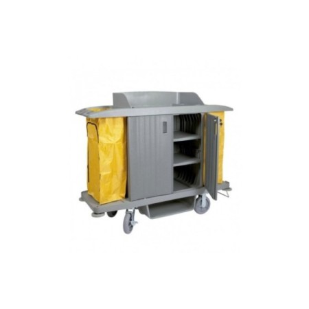 Carro de camarera gris con puertas y bandejas.