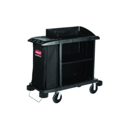 Carro de camarera con cubierta de seguridad y estantes.