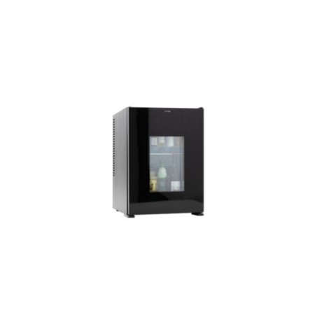 Minibar negro con puerta de cristal.