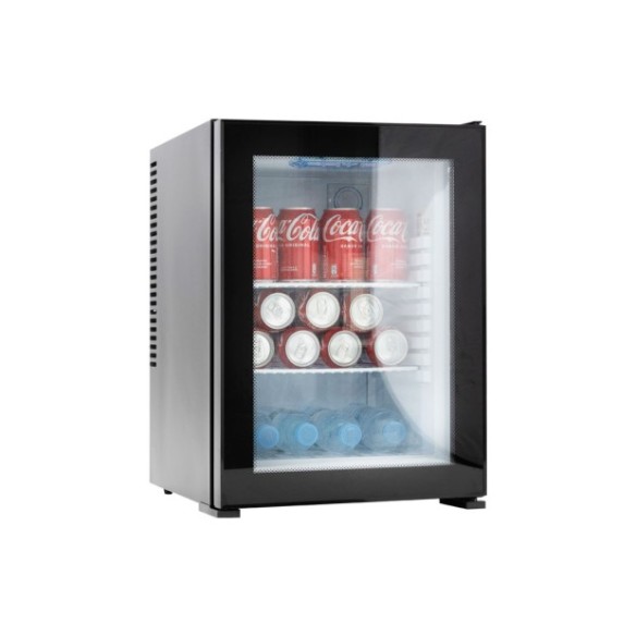 Minibar negro con puerta de cristal con capacidad de 28L.