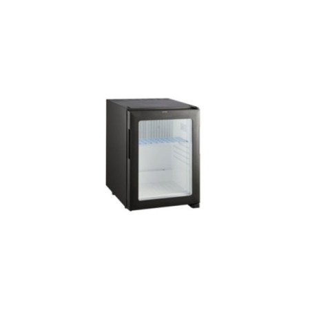 Minibar negro de absorción con puerta de cristal.
