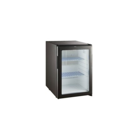 Minibar negro de absorción con puerta de cristal con capacidad de 36L.