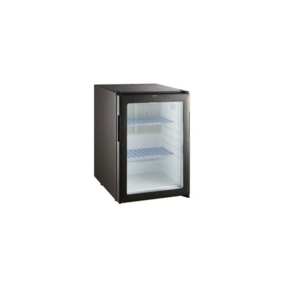 Minibar negro de absorción con puerta de cristal con capacidad de 36L.