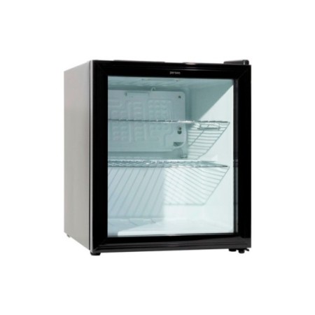 Minibar negro con puerta de cristal e iluminación interior.