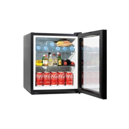 Minibar negro con puerta de cristal e iluminación interior. 2