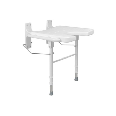 Asiento de ducha con dos patas regulables al suelo en acabado blanco.