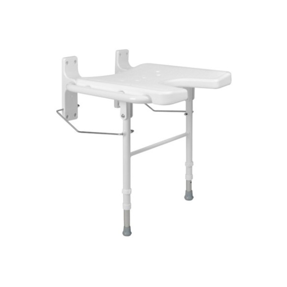 Asiento de ducha con dos patas regulables al suelo en acabado blanco.