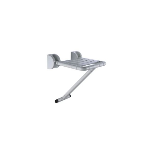 Asiento de ducha plegable con pata a suelo acabado blanco.