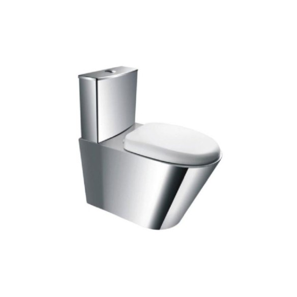 Inodoro con cisterna de doble descarga de acero inoxidable acabado brillante.