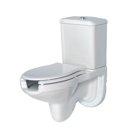 Inodoro monoblock de pared con apertura frontal y cisterna.