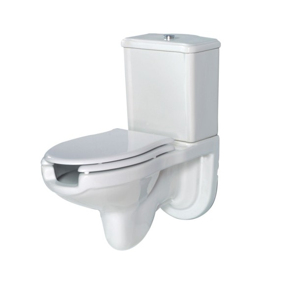 Inodoro monoblock de pared con apertura frontal y cisterna.