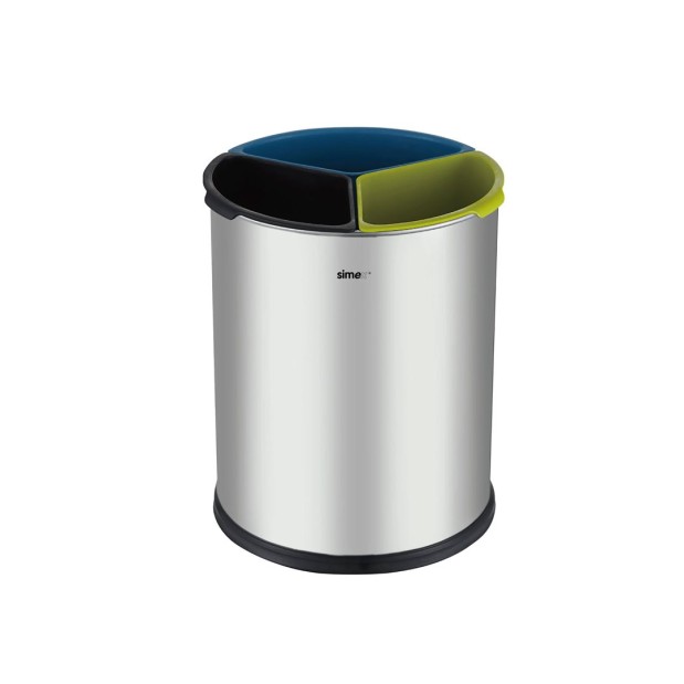 Papelera satinada de reciclaje de 9 litros con tres compartimentos.