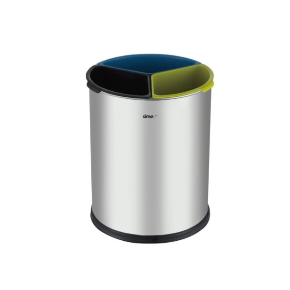 Papelera satinada de reciclaje de 9 litros con tres compartimentos.