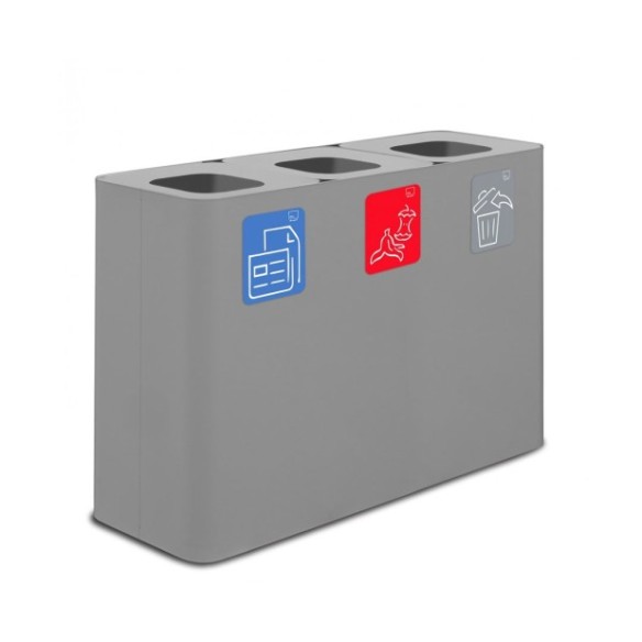 Papelera estación de reciclaje gris con tres compartimentos y capacidad de 300 litros.