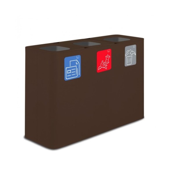 Papelera estación de reciclaje corten con tres compartimentos y capacidad de 300 litros.