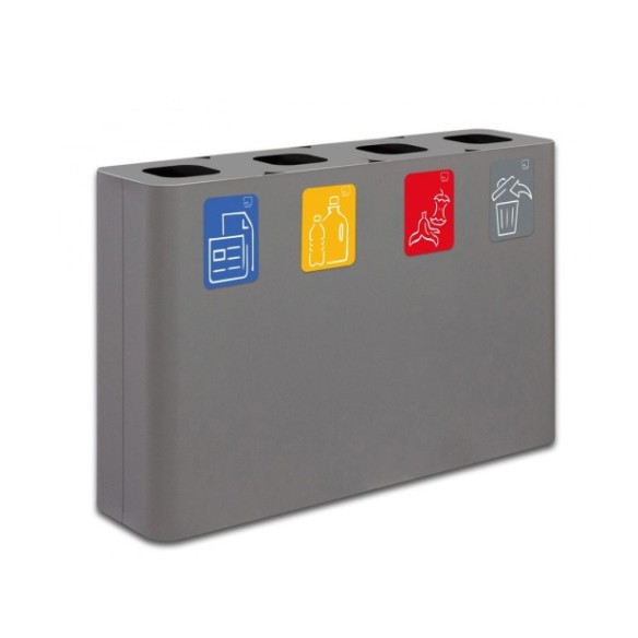 Papelera estación de reciclaje de acero gris con cuatro compartimentos y capacidad de 240 litros.