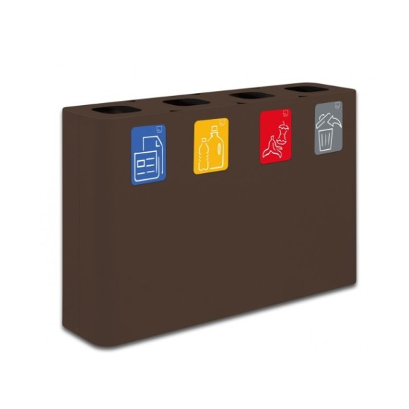 Papelera estación de reciclaje de acero corten con cuatro compartimentos y capacidad de 240 litros.