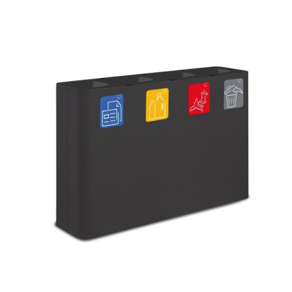 Papelera estación de reciclaje de acero negro con cuatro compartimentos y capacidad de 240 litros.