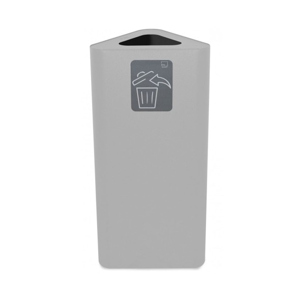 Papelera blanca de reciclaje triangular de acero y capacidad de 60 litros.