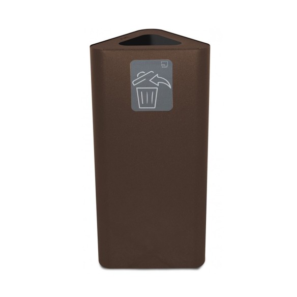 Papelera corten de reciclaje triangular de acero y capacidad de 60 litros.
