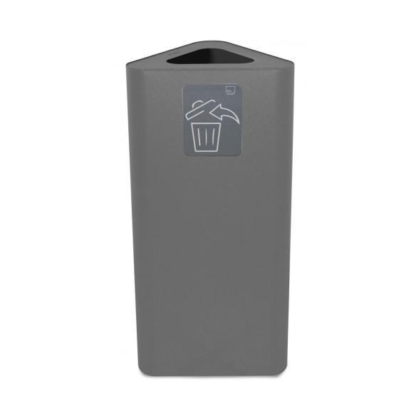 Papelera gris de reciclaje triangular de acero y capacidad de 60 litros.