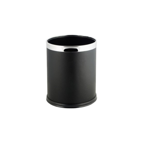 Papelera negra sin tapa con insertos cromados.