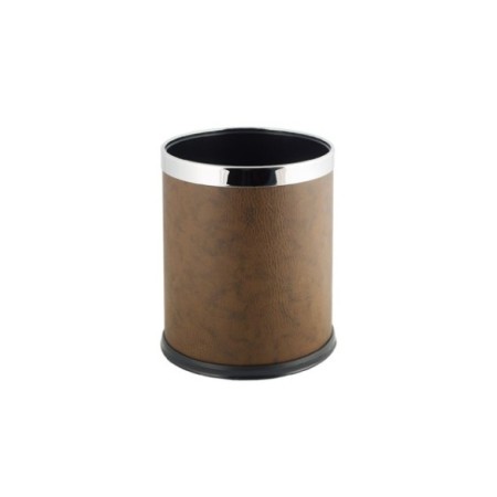 Papelera marrón sin tapa con insertos cromados.